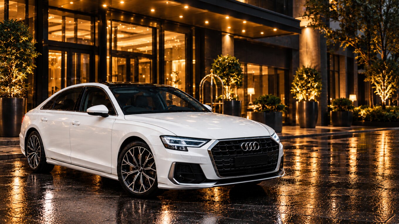 Weißer verlängerter Audi A8 L VIP vor Luxushotel — OKL Travel & Rent