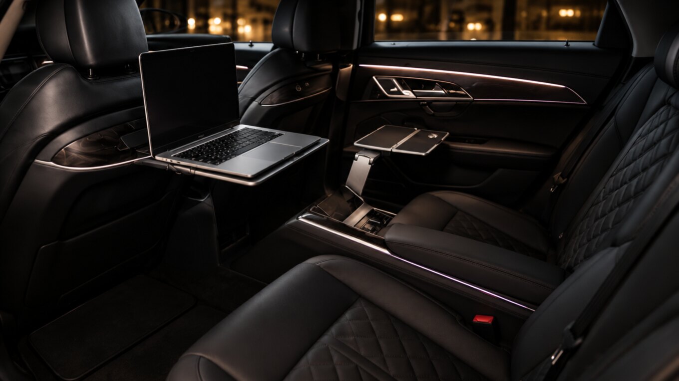 Audi A8 L Fond mit Arbeitstisch und Laptop